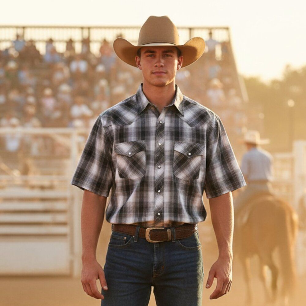Men's Wrangler Western Gray Plaid Pearl Snaps Shirt Size XXL
